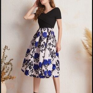 Modely Off Shoulder Colorblock Floral Pleated Hem Combo Dress Size Large